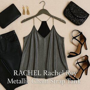 RACHEL Rachel Roy Silver-Gray Metallic Chain-Strap Racerback V-Neck Tank Top XL